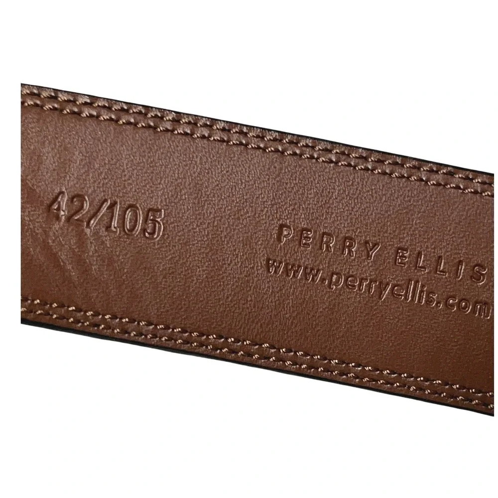 Perry Ellis Portfolio Mens Black Genuine Leather Belt‎ Silver Buckle Size 42